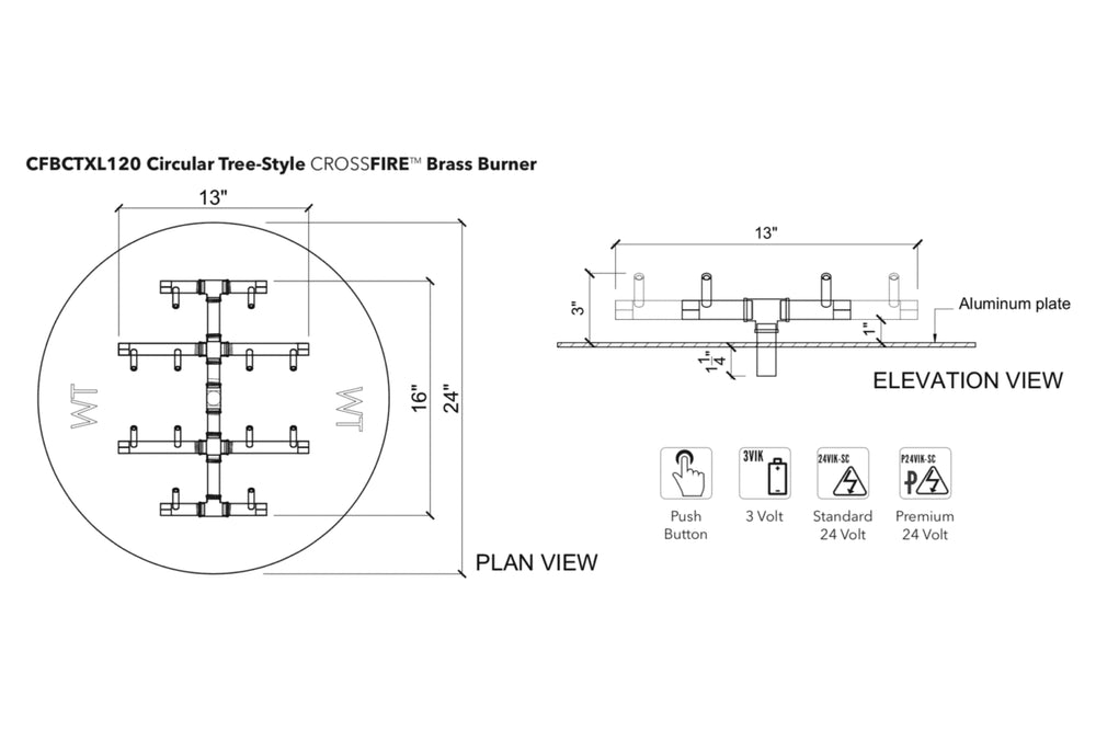 Circular Tree-Style Burner: 120,000 BTU Warming Trends Crossfire Brass Burner Kit (CFBCTXL120) 13″ x 16″ – Openings 22″ Larger