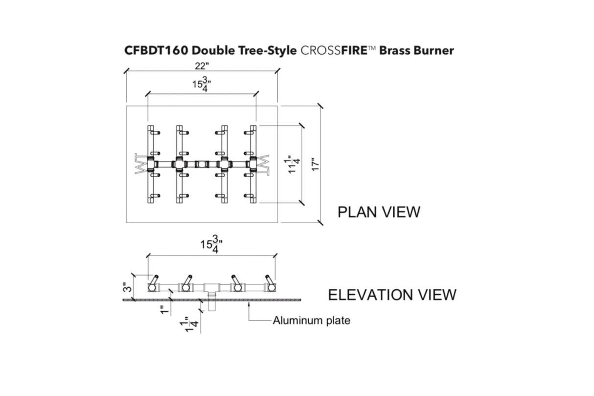 Double Tree-Style Burner: 160,000 BTU Warming Trends Crossfire Brass Burner Kit (CFBDT160) 15″ x 11″ – Openings 22″ x 17″ or Larger