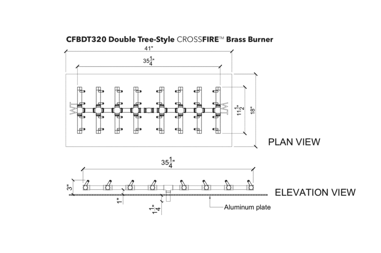 Double Tree-Style Burner: 320,000 BTU Warming Trends Crossfire Brass Burner Kit (CFBDT320) 35″ x 11″ – Openings 41″ x 18″ or Larger