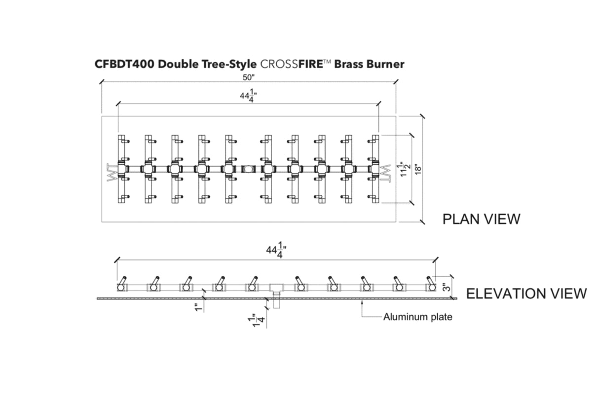 Double Tree-Style Burner: 400,000 BTU Warming Trends Crossfire Brass Burner Kit (CFBDT400) 44″ x 11″ – Openings 50″ x 18″ or Larger