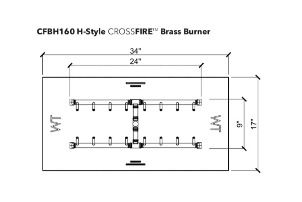 H-Style Burner: 160,000 BTU Warming Trends Crossfire Brass Burner Kit (CFBH160) 24″ x 9″ – For 34” x 17” Opening or Larger