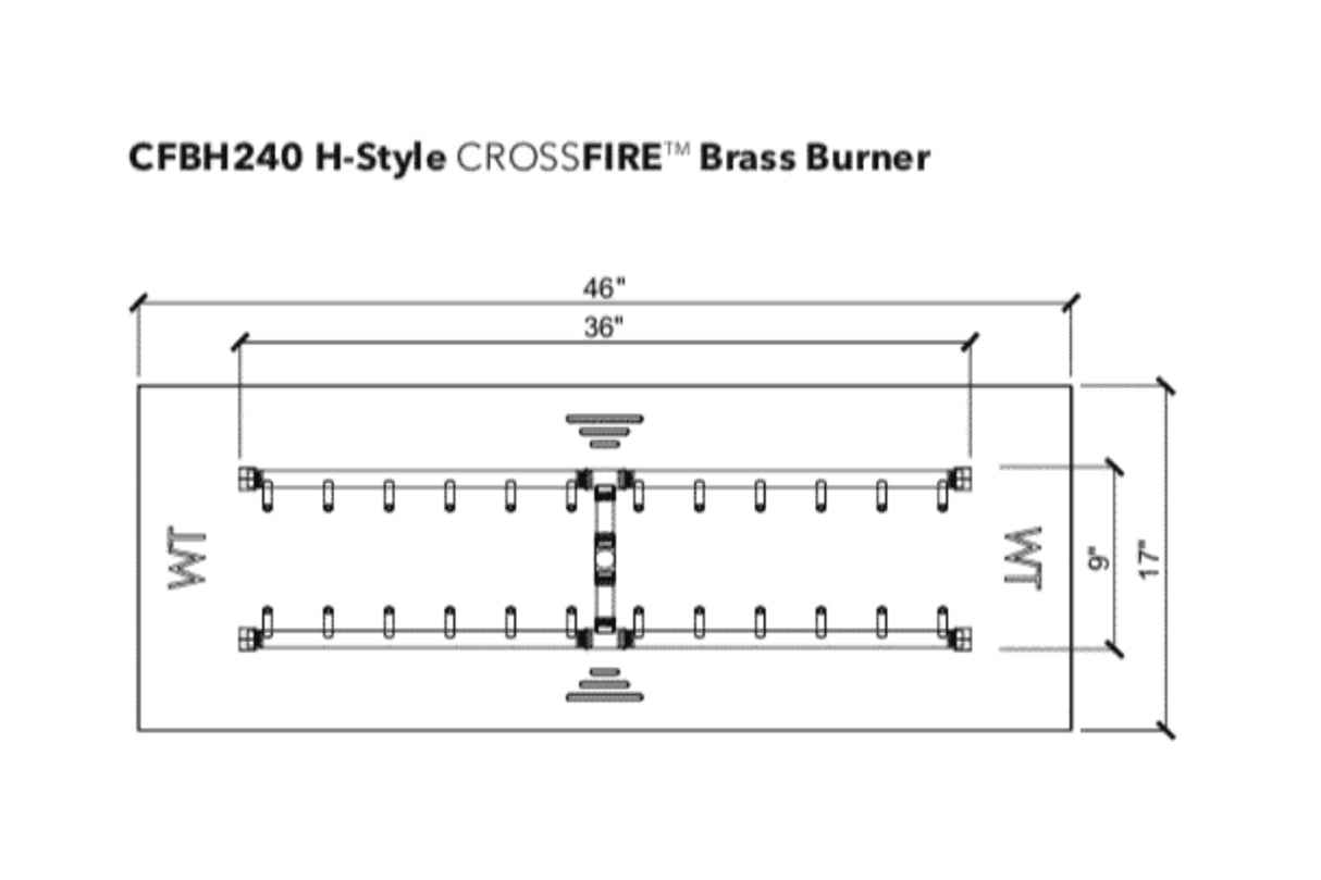 H-Style Burner: 240,000 BTU Warming Trends Crossfire Brass Burner Kit (CFBH240) 36″ x 9″ – For 46” x 17” Opening or Larger