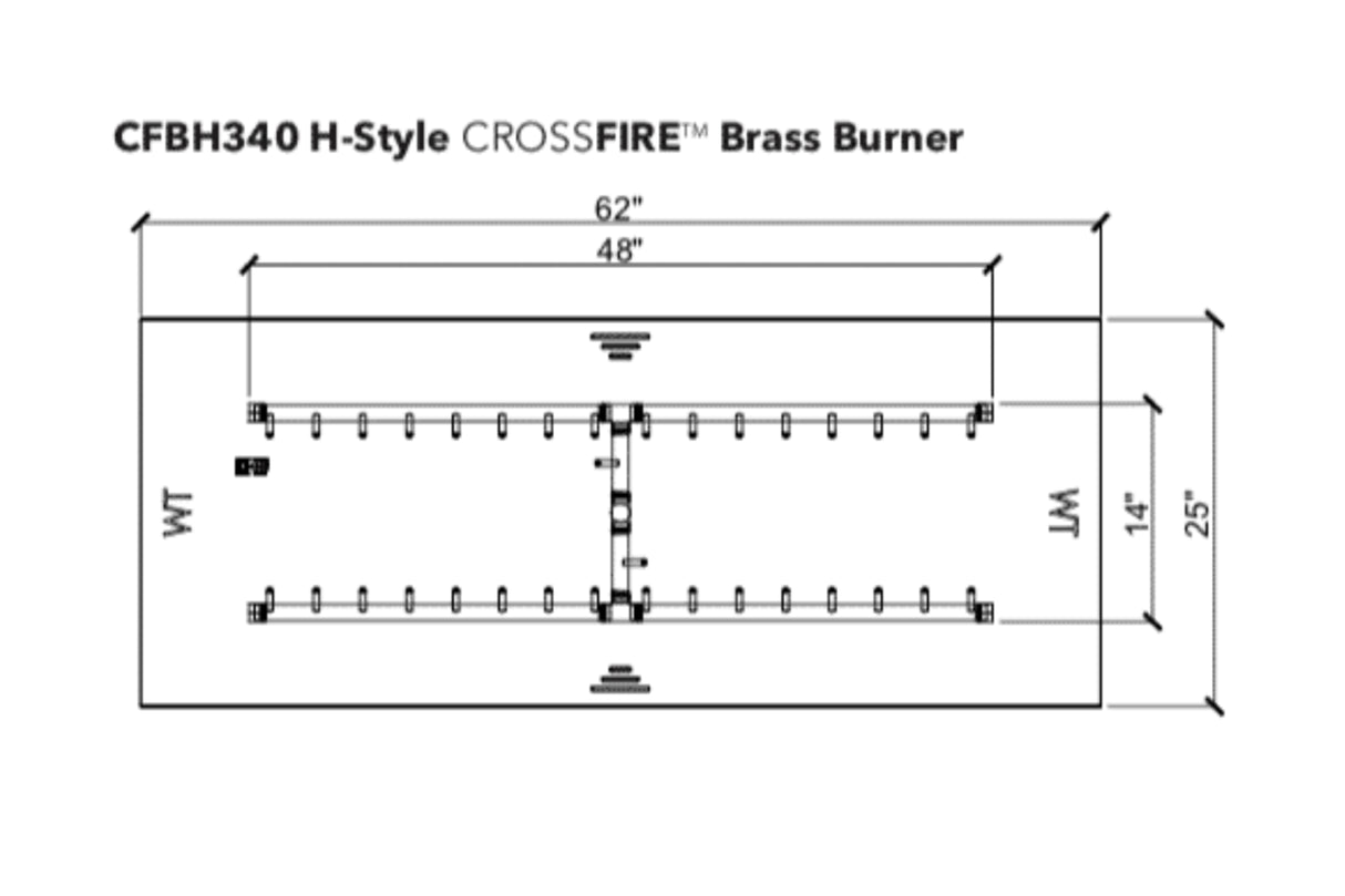 H-Style Burner: 340,000 BTU Warming Trends Crossfire Brass Burner Kit (CFBH340) 48″ x 14″ – For 62” x 25” Opening or Larger