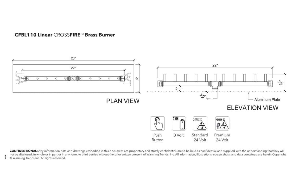 Linear Burner: 110,000 BTU Warming Trends Crossfire Brass Burner Kit (CFBL110) 22″ – Openings 26″ x 6″ or Larger