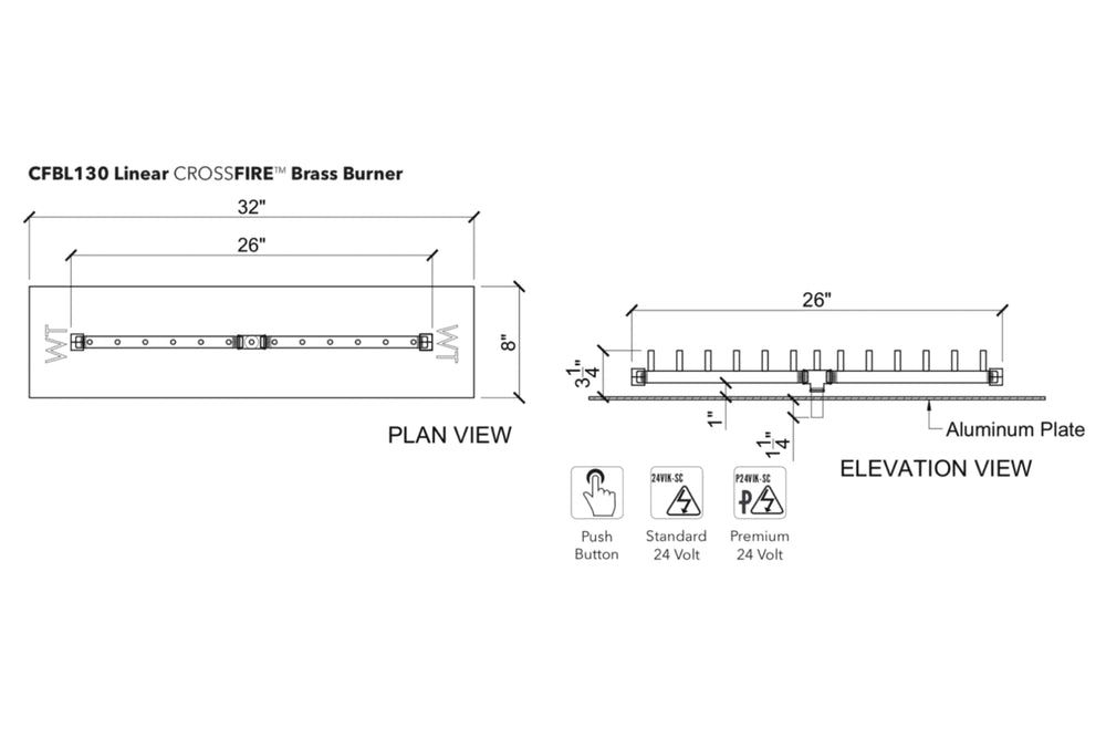 Linear Burner: 130,000 BTU Warming Trends Crossfire Brass Burner Kit (CFBL130) 26″ – Openings 32″ x 8″ or Larger