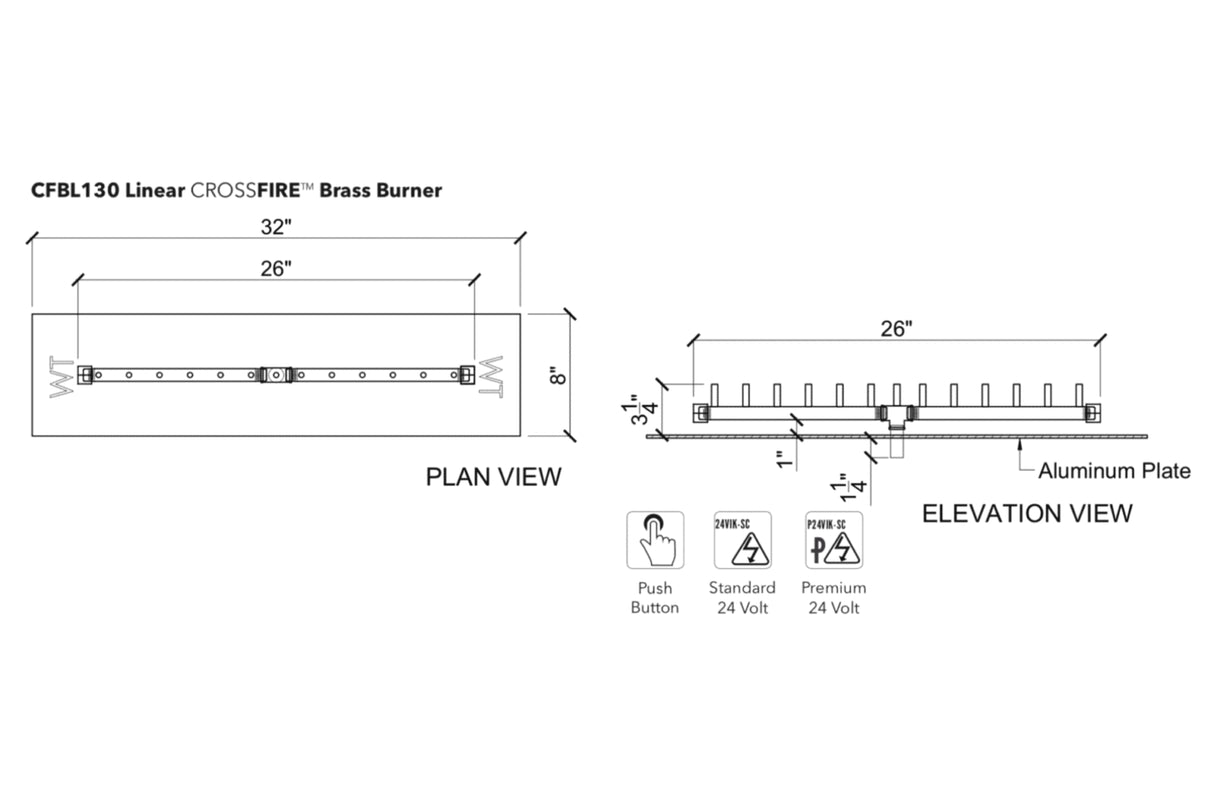 Linear Burner: 130,000 BTU Warming Trends Crossfire Brass Burner Kit (CFBL130) 26″ – Openings 32″ x 8″ or Larger