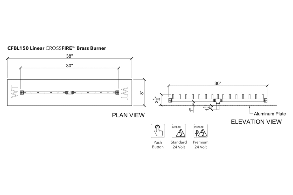 Linear Burner: 150,000 BTU Warming Trends Crossfire Brass Burner Kit (CFBL150) 30″ – Openings 38″ x 8″ or Larger