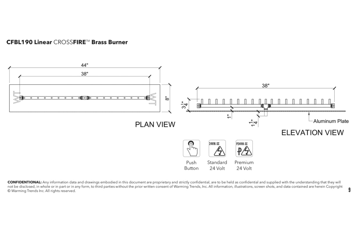 Linear Burner: 190,000 BTU Warming Trends Crossfire Brass Burner Kit (CFBL190) 38″ – Openings 44″ x 8″ or Larger