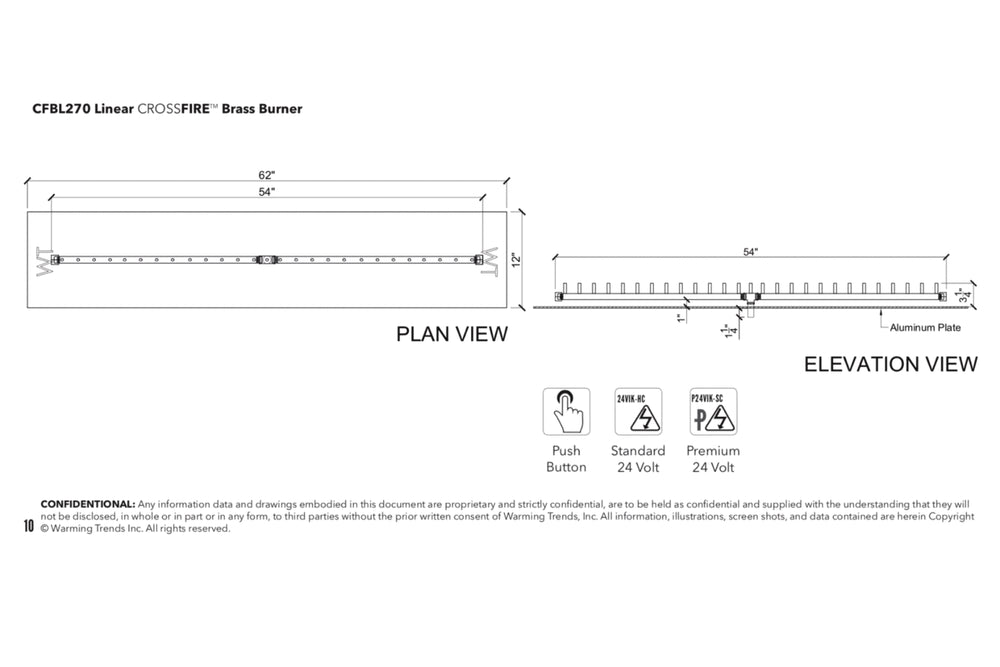 Linear Burner: 270,000 BTU Warming Trends Crossfire Brass Burner Kit (CFBL270) 54″ – Openings 62″ x 12″ or Larger