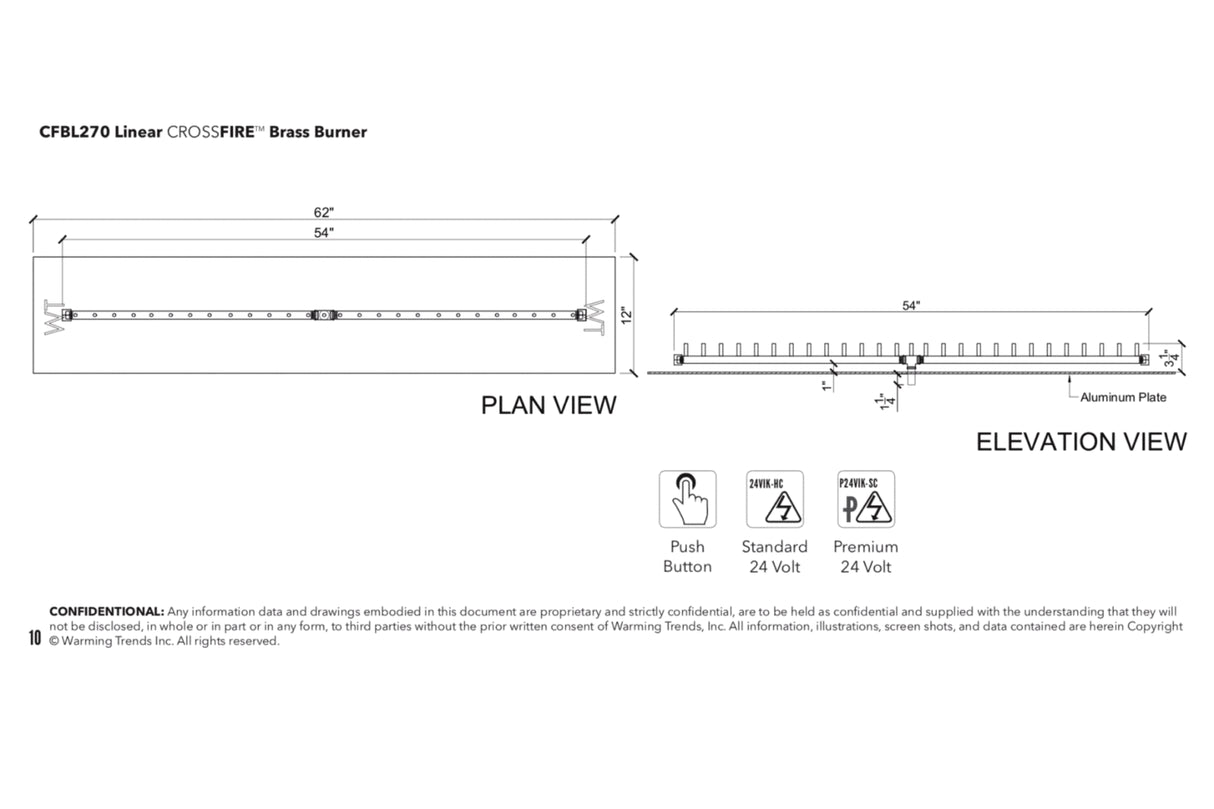 Linear Burner: 270,000 BTU Warming Trends Crossfire Brass Burner Kit (CFBL270) 54″ – Openings 62″ x 12″ or Larger