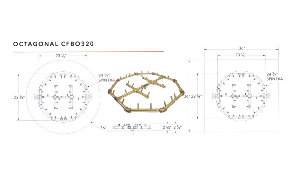 Octagonal Burner: 320,000 BTU Warming Trends Crossfire Brass Burner Kit (CFBO320) 24.5″ x 24.5″ – Openings 36″ to 43″