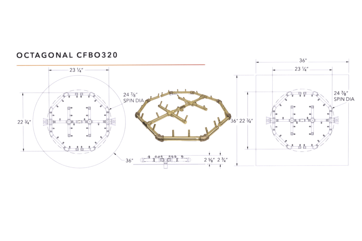 Octagonal Burner: 320,000 BTU Warming Trends Crossfire Brass Burner Kit (CFBO320) 24.5″ x 24.5″ – Openings 36″ to 43″