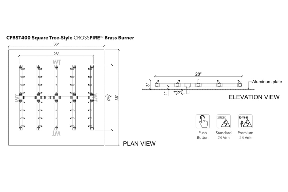 Square Tree-Style Burner: 400,000 BTU Warming Trends Crossfire Brass Burner Kit (CFBST400) 28″ x 24″ – Openings 36″ or Larger