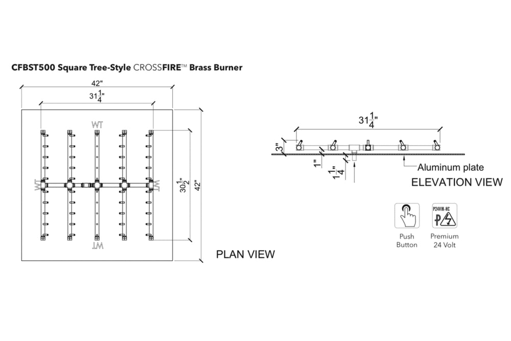 Square Tree-Style Burner: 500,000 BTU Warming Trends Crossfire Brass Burner Kit (CFBST500) 31″ x 30″ – Openings 42″ or Larger