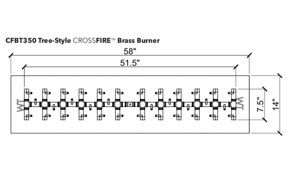 Tree-Style Burner: 350,000 BTU Warming Trends Crossfire Brass Burner Kit (CFBT350) 51″ x 7.5″ – Openings 58″ x 14″ or Larger