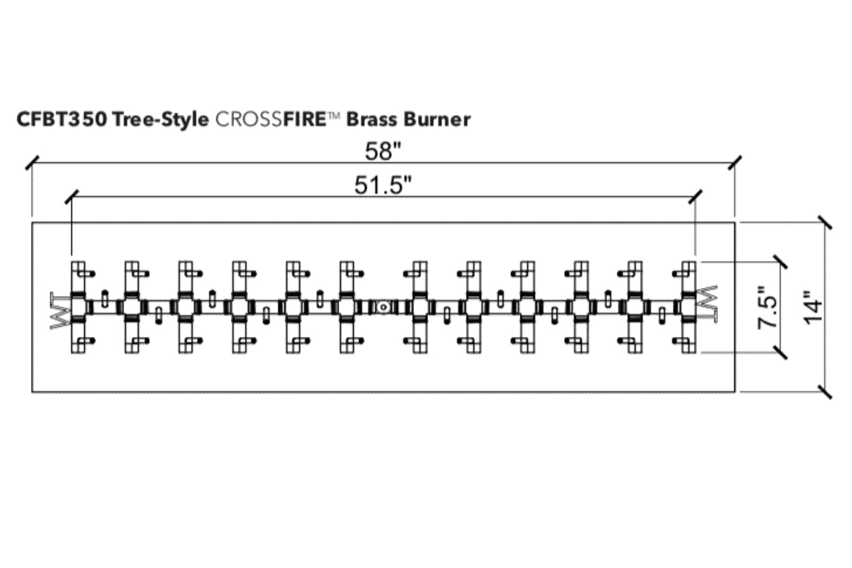 Tree-Style Burner: 350,000 BTU Warming Trends Crossfire Brass Burner Kit (CFBT350) 51″ x 7.5″ – Openings 58″ x 14″ or Larger