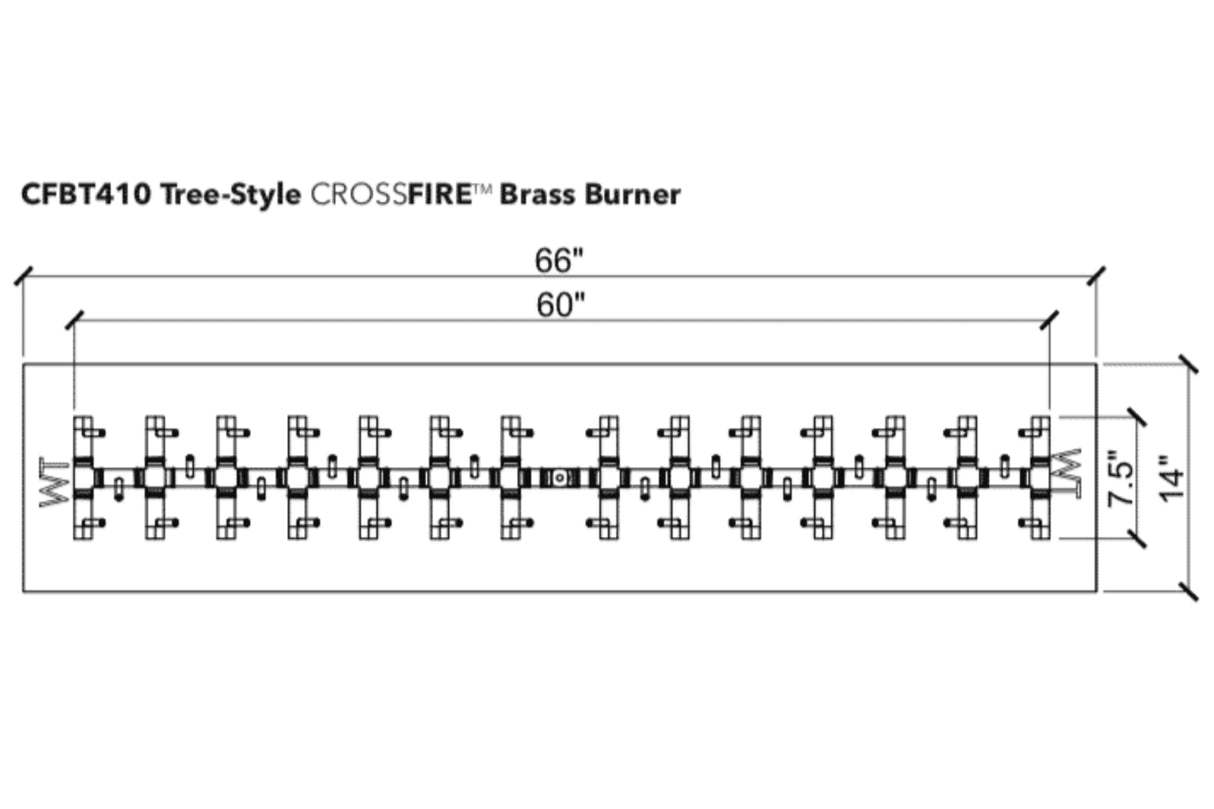 Tree-Style Burner: 410,000 BTU Warming Trends Crossfire Brass Burner Kit (CFBT410) 60″ x 7.5″ – Openings 66″ x 14″ or Larger