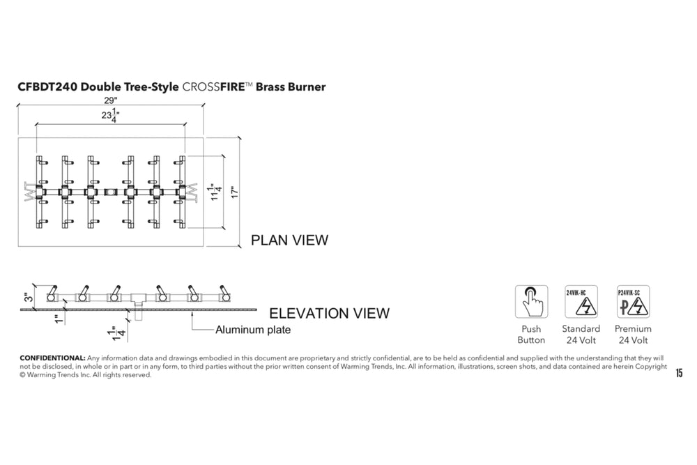 Double Tree-Style Burner: 240,000 BTU Warming Trends Crossfire Brass Burner Kit (CFBDT240) 23″ x 11″ – Openings 29″ x 17″ or Larger