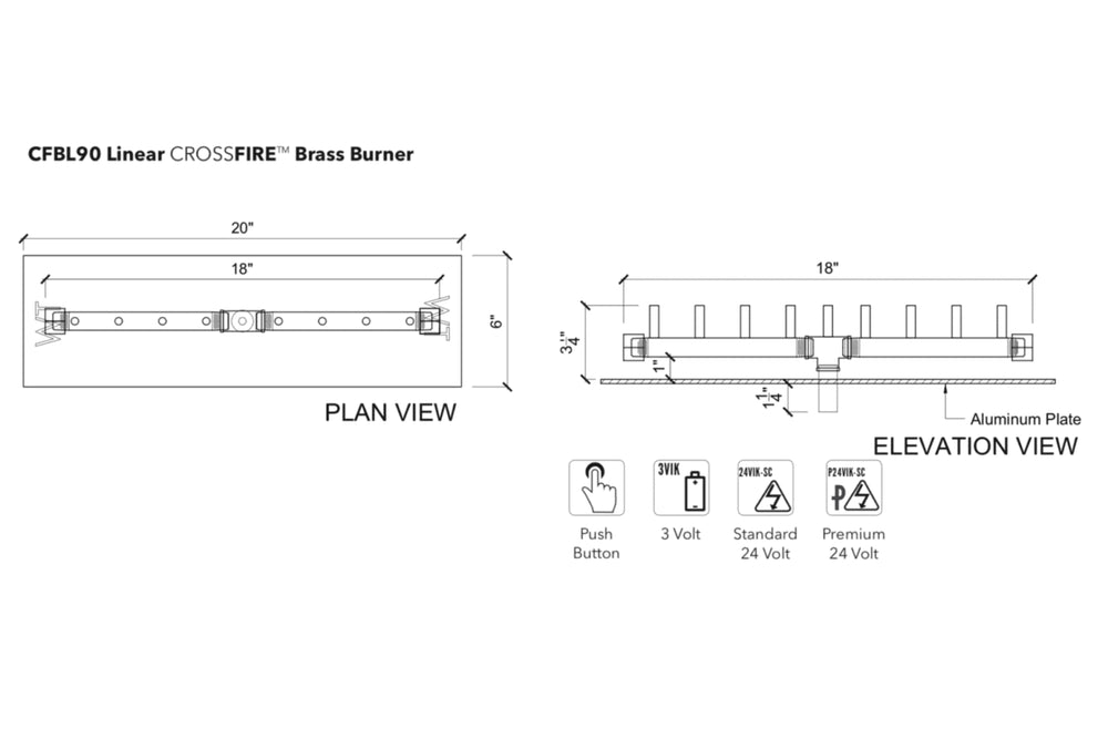Linear Burner: 90,000 BTU Warming Trends Crossfire Brass Burner Kit (CFBL) 18″ – Openings 20″ x 6″ or Larger