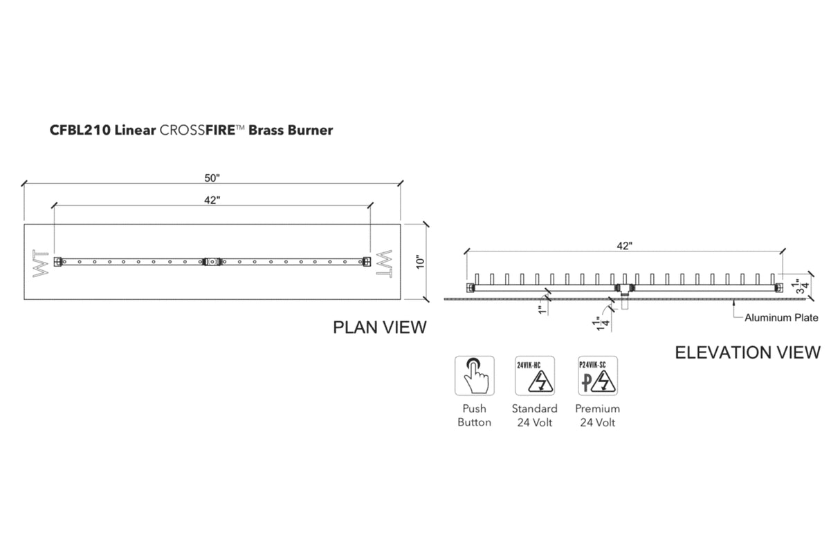 Linear Burner: 210,000 BTU Warming Trends Crossfire Brass Burner Kit (CFBL210) 42″ – Openings 50″ x 10″ or Larger
