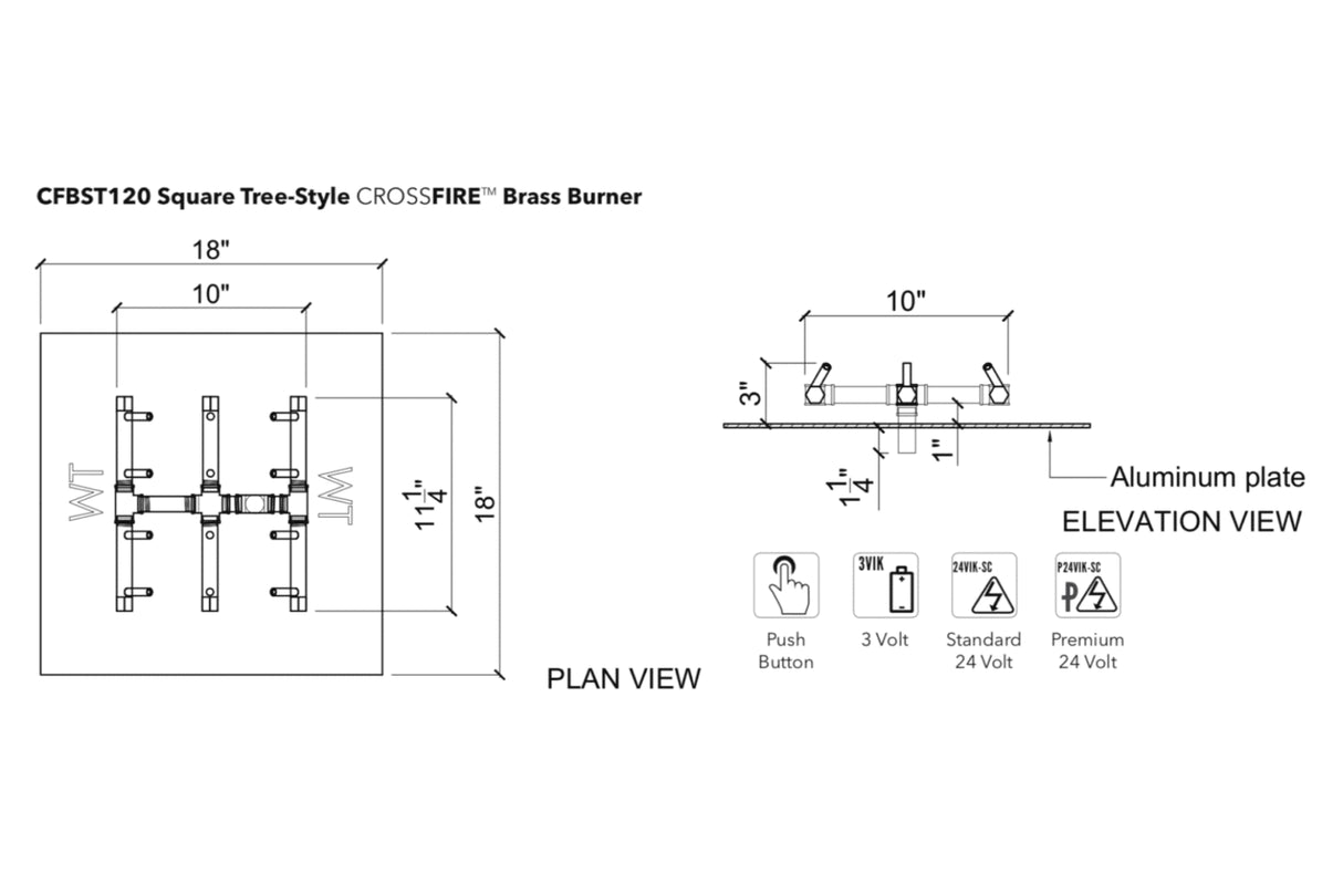 Square Tree-Style Burner: 120,000 BTU Warming Trends Crossfire Brass Burner Kit (CFBST120) 10″ x 11″ – Openings 18″ or Larger