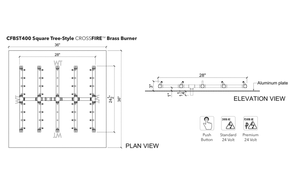 Square Tree-Style Burner: 400,000 BTU Warming Trends Crossfire Brass Burner Kit (CFBST400) 28″ x 24″ – Openings 36″ or Larger